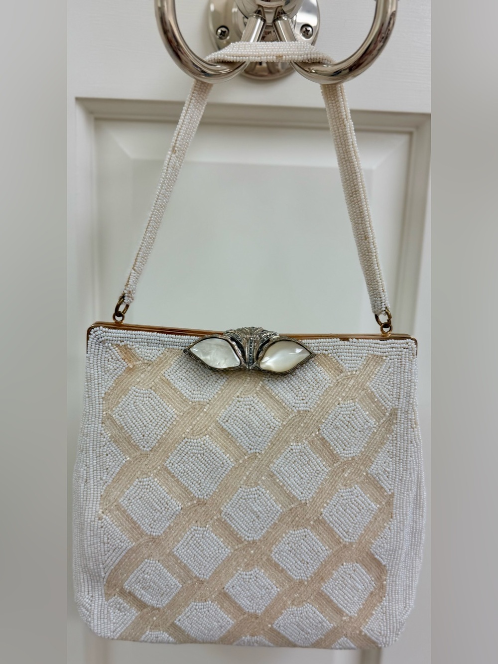 1950’s VINTAGE Hand Beaded Ivory Cream Purse Belgium Mother of Pearl Clasp